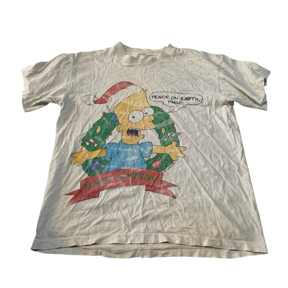 Simpsons 90s mens xl large Holiday Graphic Tee white faded Bart cartoon